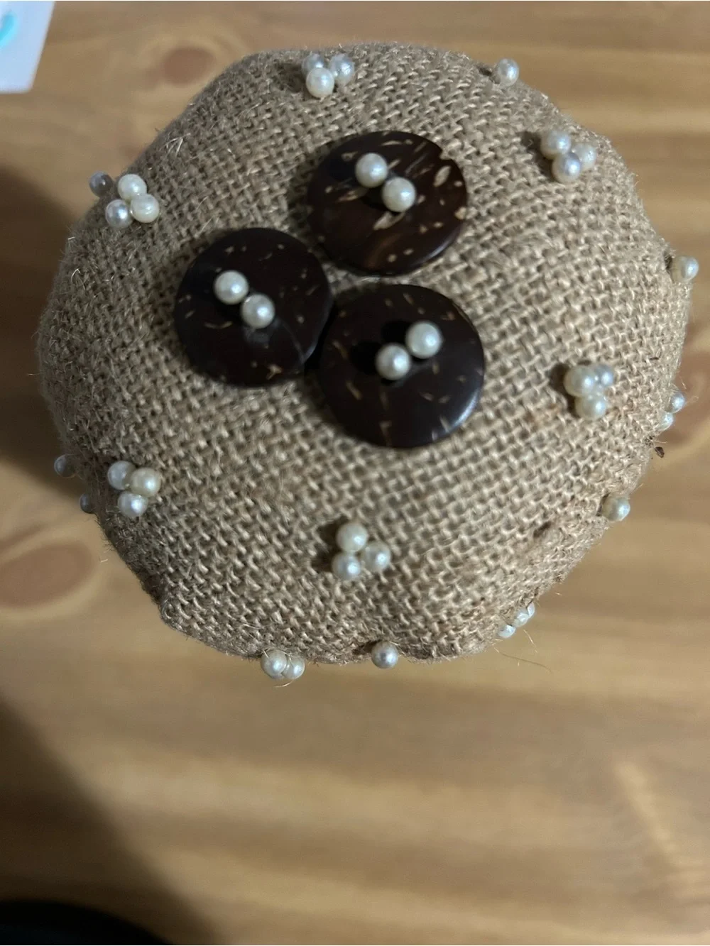 Vintage Burlap Pin Cushion Jar with Lace and Pearls - Brown & Cream